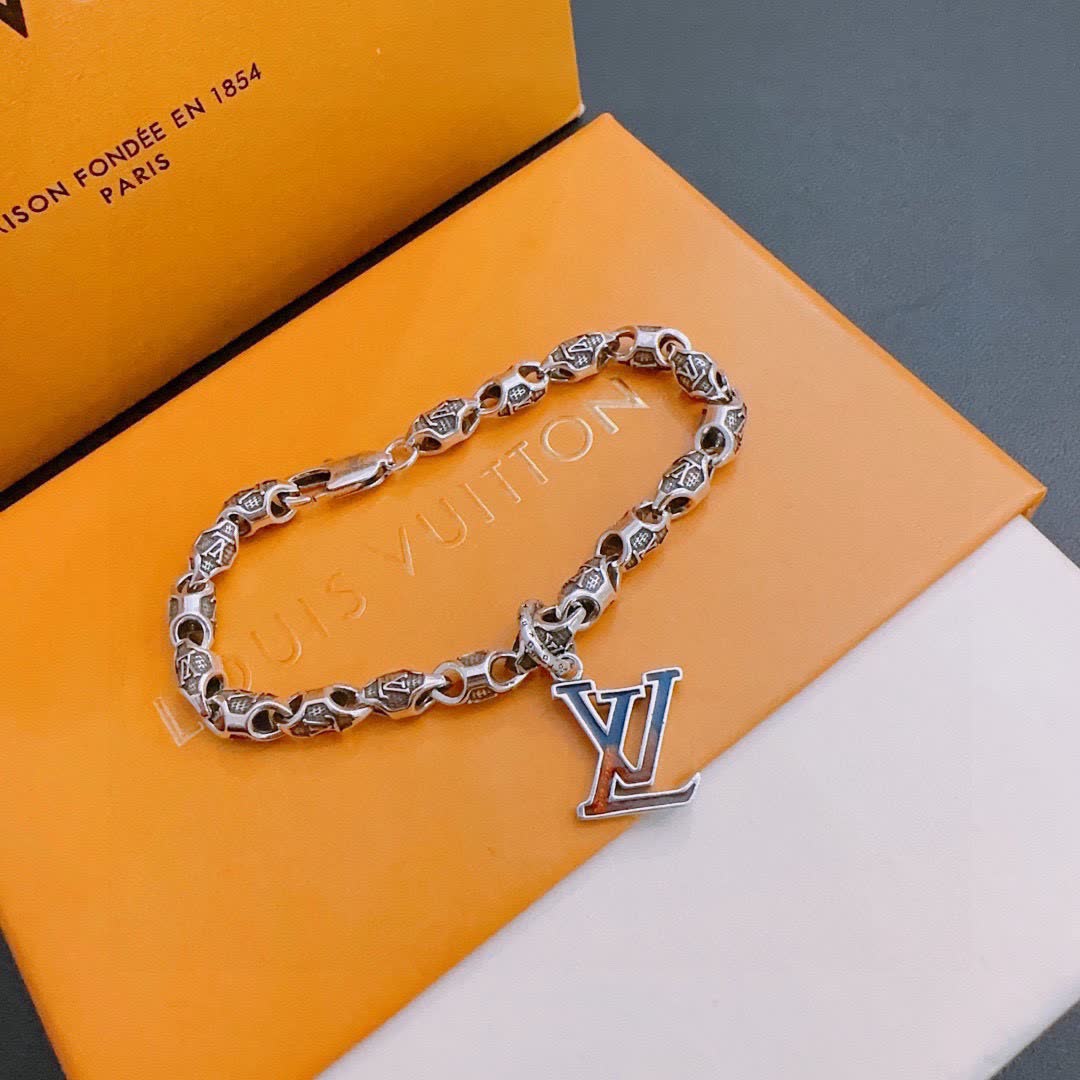 Louis Vuitton Silver Bracelet with LV Logo Charm